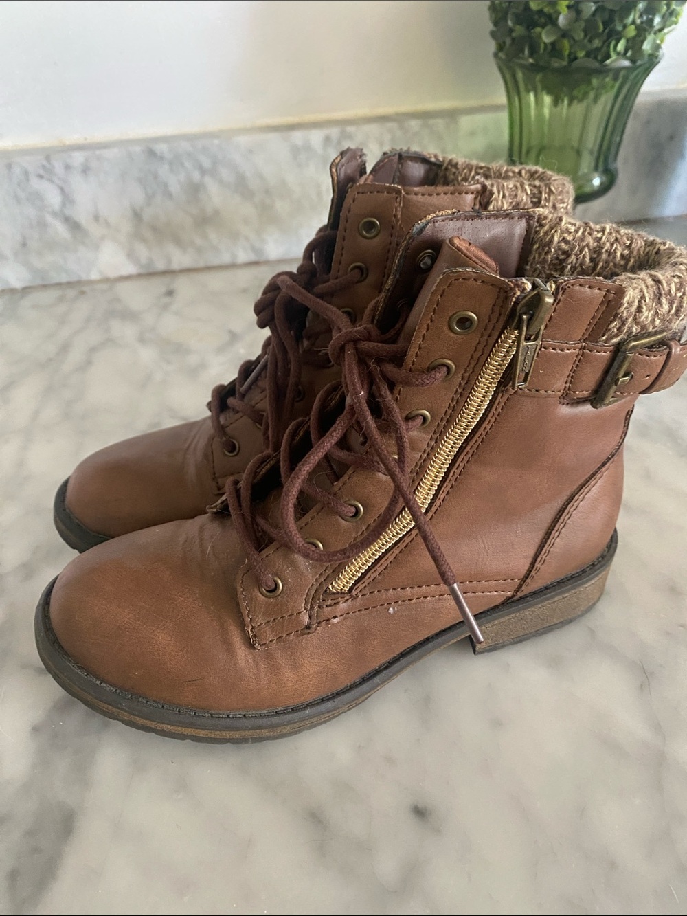 Kids Brown Faux-Leather Lace-Up Ankle Boots with Knit Collar